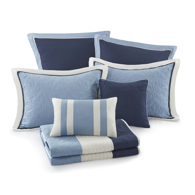 7 pièces courtepointe réversible double / grand avec taies décoratives assorties - bleu marine, bordure solide, matériau en microfibre pour l'euro et oreillers de conception traditionnelle, facile d'entretien