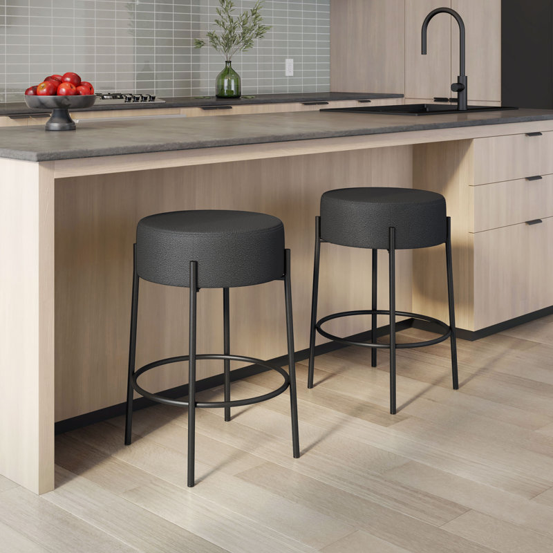 Aryam Upholstered Backless Counter & Bar Stool, Bar Stool (30.75” Seat Height), Black, Boucle-Black