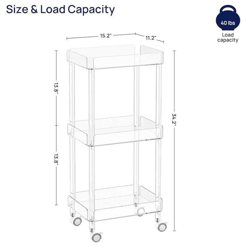 Clear Acrylic 3-Tier Rolling Serving Cart with Lockable Wheels