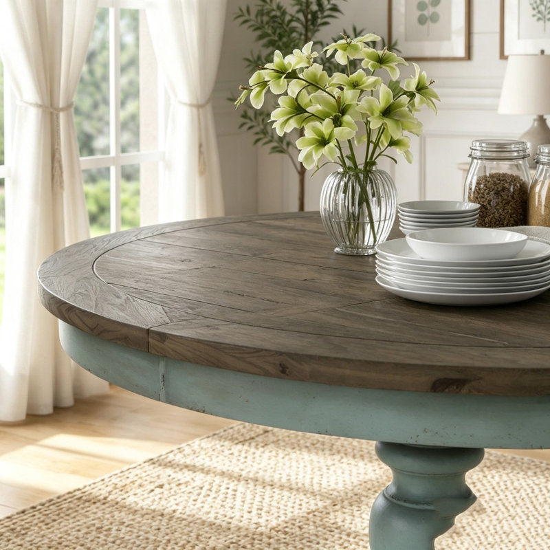 Table de salle à manger ronde à deux tons avec pieds sculptés, Bleu Prato + brun
