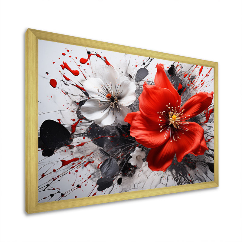 Red Grey Botanical Symphony I - Abstract Botanicals, reproduction d'art sur toile encadrée, H 24 po x l 32 po, Doré