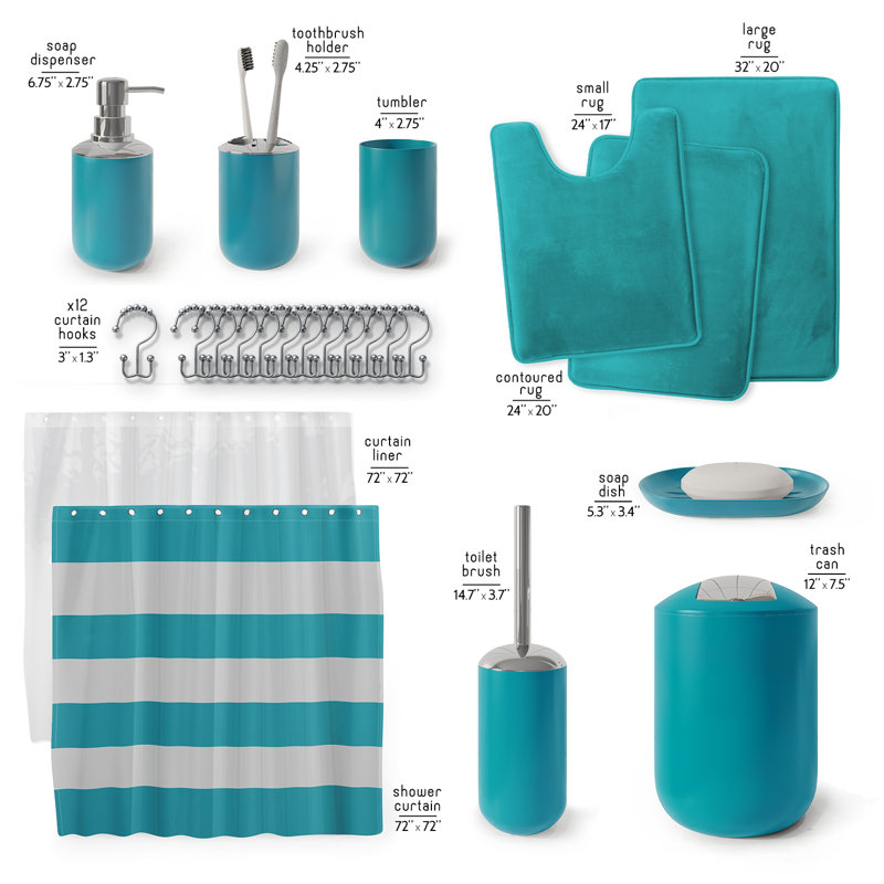 Complete 23 Piece Bathroom Accessory Set with Bath Rugs, Shower Curtain Set, Liner, and Hooks, Teal