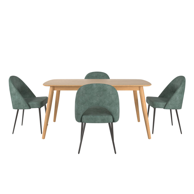 Faught Mid-Century Modern Tapered Dining Set - Leather, 63" Dining Table And 4 Chairs, Natural, Teal