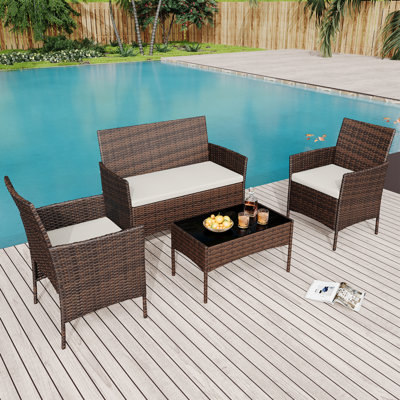 Ensemble de meubles de patio 4 pièces, ensemble de table et chaises en rotin
