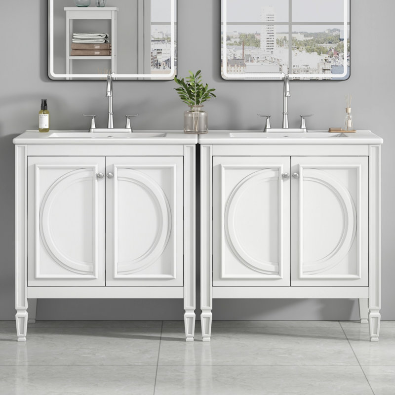 Bathroom Vanity With Ceramic Sink, Storage Drawer And Soft Close Doors, White