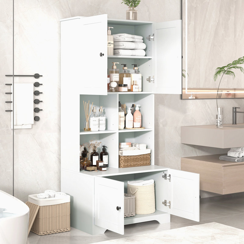 Armoire de rangement haute et large pour salle de bain, unité de rangement pour salle de bain, armoire autoportante avec 4 portes, tablettes réglables, tablettes ouvertes multicouches, blanc