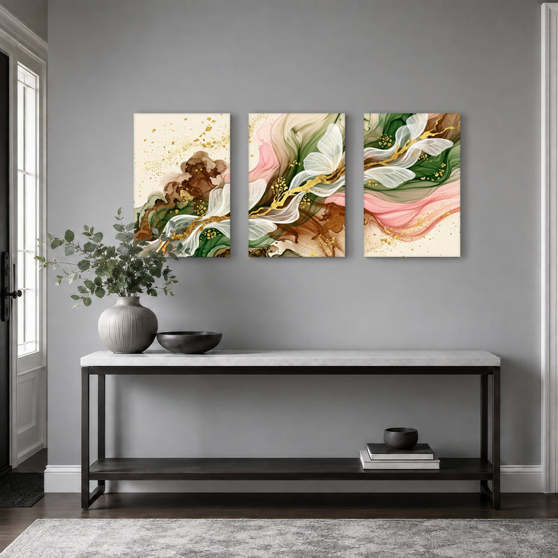 Ensemble de 3 toiles murales représentant des fleurs abstraites blanches et des branches dorées sur fond vert