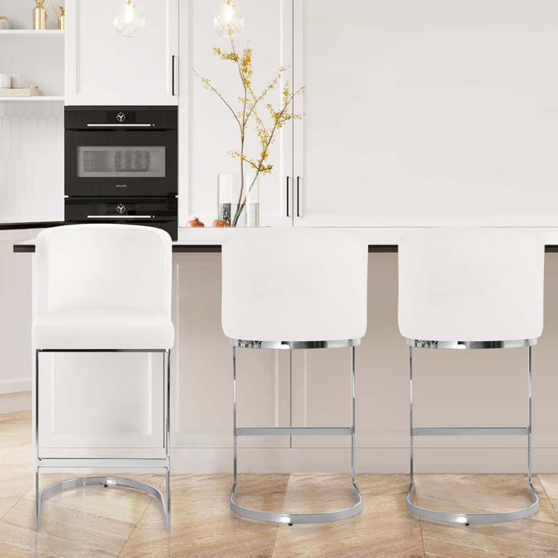 Tabouret de comptoir rembourré 26 po Bittencourt, Velours - Blanc, 3