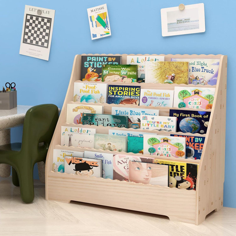 Bibliothèque à 5 niveaux pour enfants avec présentoir, bibliothèque en bois pour salle de classe, salle de jeux, chambre de bébé
