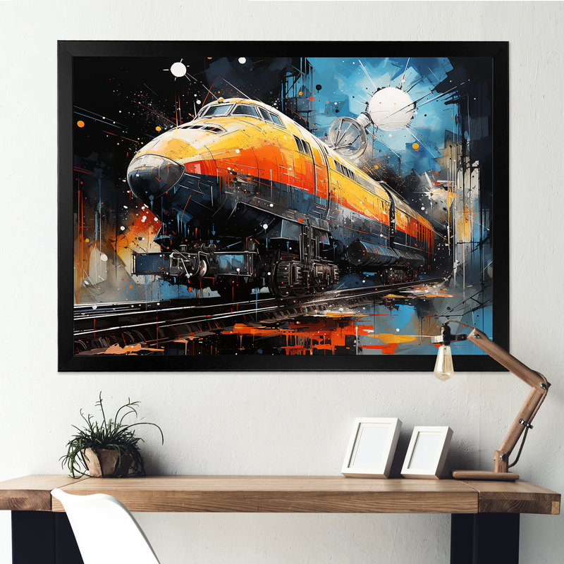Train, vaisseau, voyage, retour vers le futur II - train, art mural, Cadre d'angle fermé noir, H 24 po x l 32 po x P 1 po