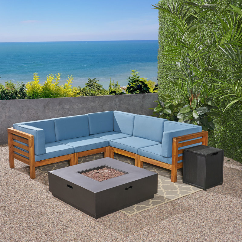5 - Person Modular Patio Conversation Set with Cushions, Teak Frame / Blue Cushion