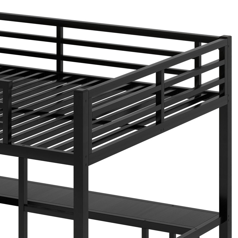 Metal Loft Bed Frame With Built-In Wardrobe, Desk And Storage Shelves, Black, Queen