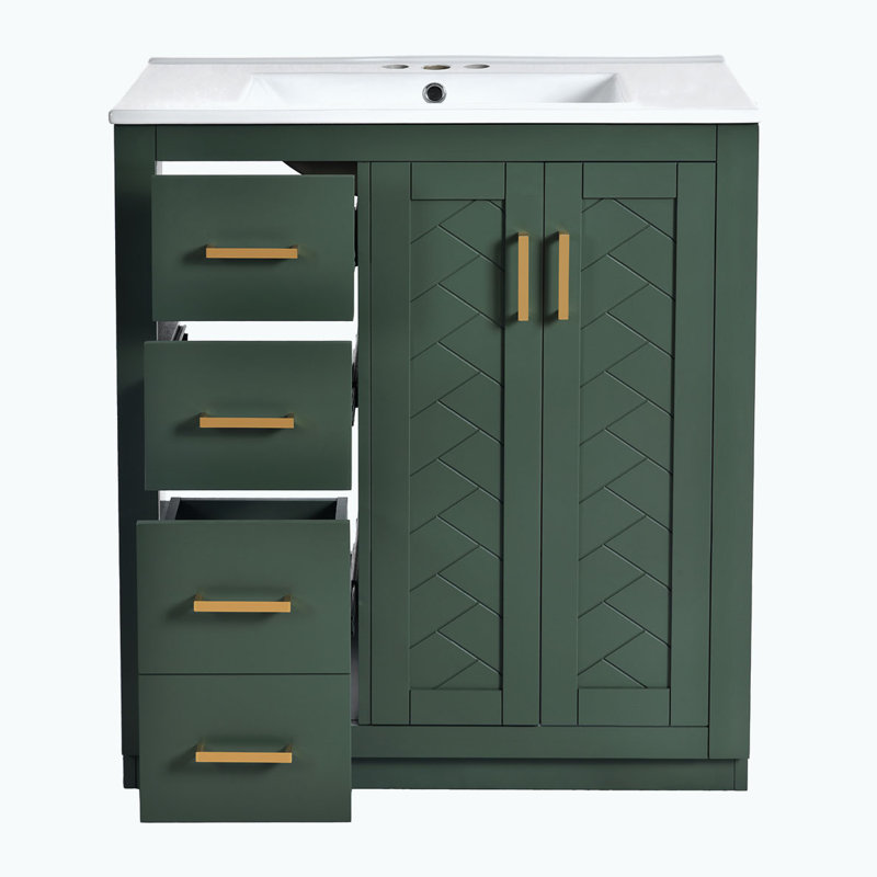 Bathroom Vanity with Ceramic Sink with 3 Drawers& Soft Closing Doors, Green