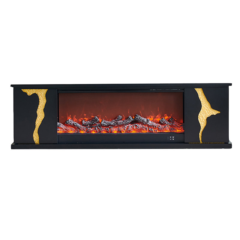 French-style household solid wood TV cabinet with simulated flame electric fireplace insert, Black