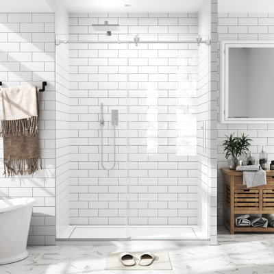 Porte de douche coulissante sans cadre l 56 à 60 po x H 76 po en verre trempé 3/8 po (10 mm) et quincaillerie en acier inoxydable, nickel brossé
