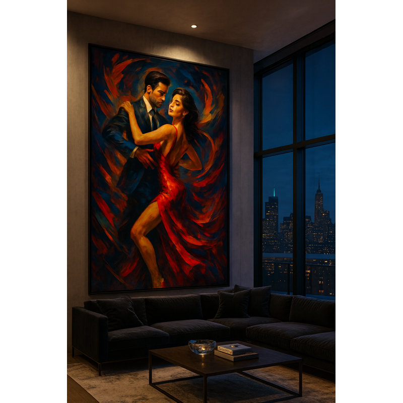 Inferno in Motion - Red Elegance Dance Portrait (Ltd. Edition) Framed Canvas Wall Art by Kasian Art Studio - Brown Frame