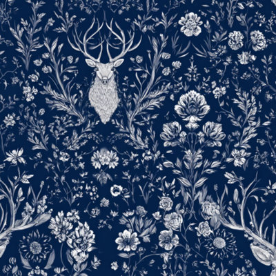 Papier peint auto-adhésif à motif de bois de cerf floral, bleu marine, blanc, blanc, rétro, bois de contact, amovible, auto-adhésif