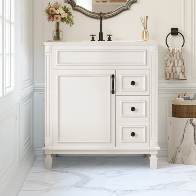 Meuble-lavabo de 30 po avec lavabo en céramique, meuble de salle de bain autoportant moderne avec 2 tiroirs et tablette réglable, meuble-lavabo de salle de bain de style français pour petits espaces