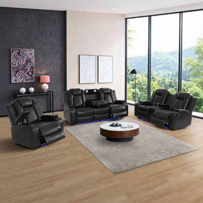 Drady 3 - Piece Breathing Leather Power Reclining Living Room Set with LED & Reading Lighting and Wireless Charger