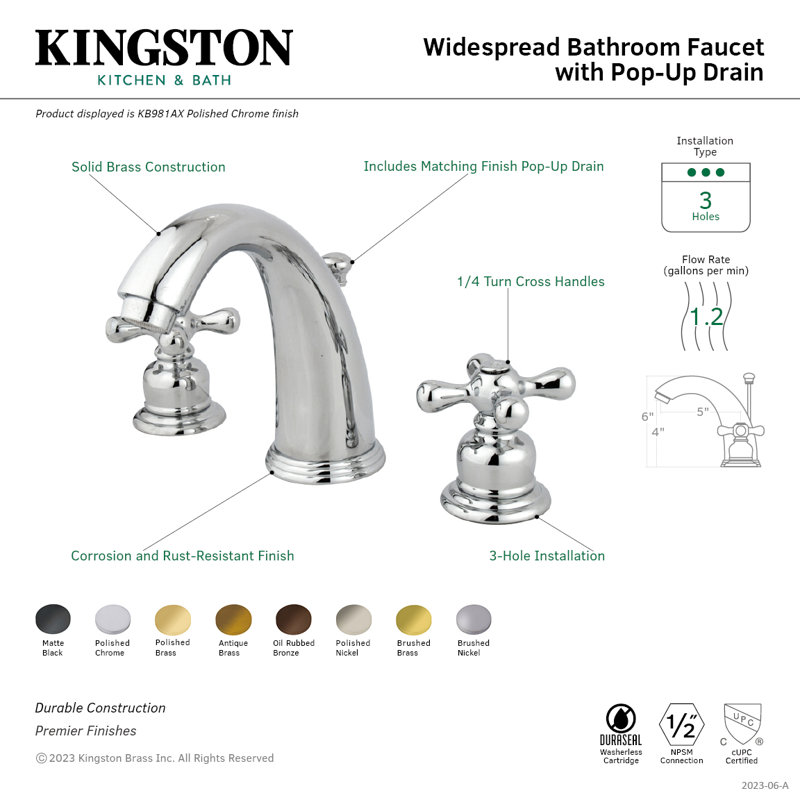 Robinet de salle de bain à deux poignées à fixation sur le comptoir à 3 trous avec drain escamotable Kingston, Bronze huilé