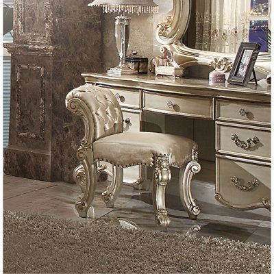Rectangular Bedroom Vanity Stool, Scrolled Legs, 28" Height X 20" Depth 25" Width Traditional Gold Patina Accents, Shape, High Wide Deep