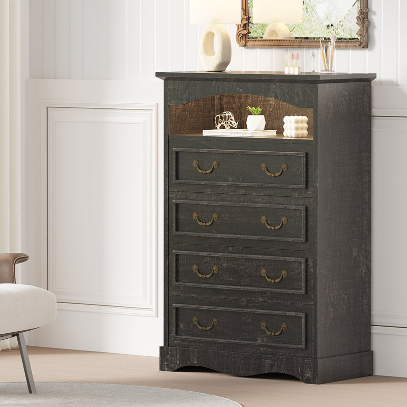 Commode 4 tiroirs 31,5 po avec éclairage à DEL, commode haute anti-basculement pour chambre à coucher, organisateur de commode avec tablette multimédia
