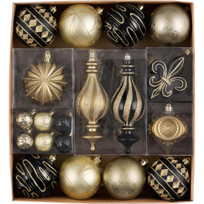 Valery Madelyn Ornaments for Christmas Trees, 60ct Black and Gold Shatterproof Christmas Tree Decorations, Luxury Hanging Ball Ornaments Bulk for Xmas Holiday Decor