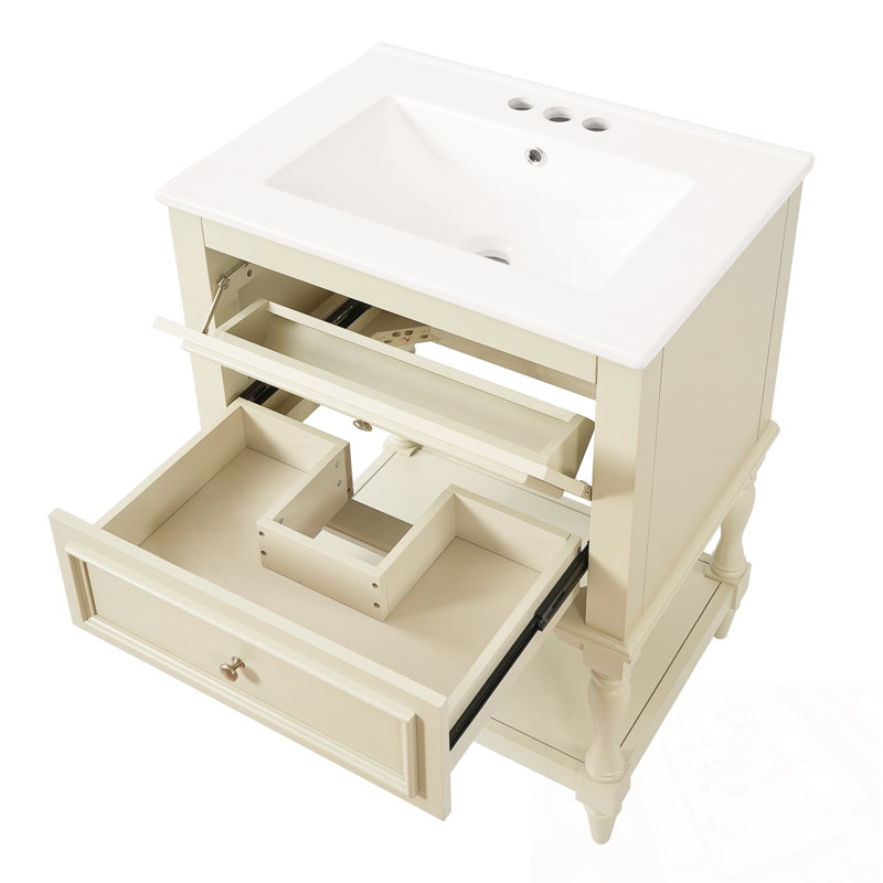 Meuble-lavabo avec lavabo, 2 tiroirs et tablette ouverte, Beige