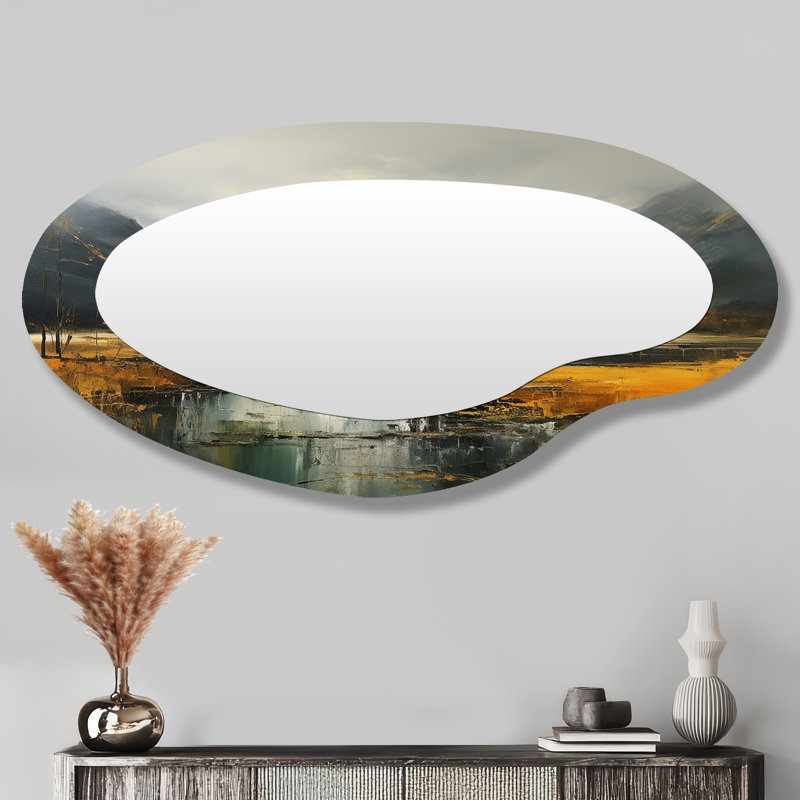 Gris et jaune paysage de montagne abstrait I - Miroir mural asymétrique