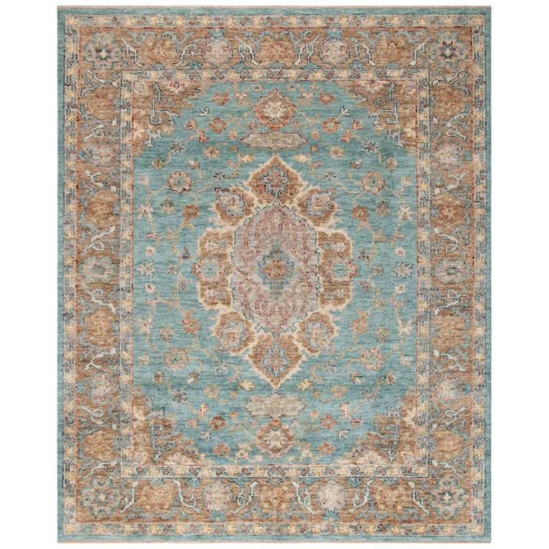 Tapis bleu / doré en laine noué à la main, Rectangle 8 pi x 10 pi