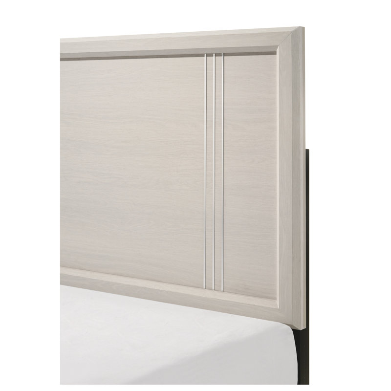 Structure de lit double pleine grandeur avec finition beige et blanc cassé, mobilier de chambre contemporain en bois (sommier requis)