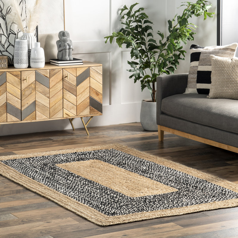 Risha Power Loom Natural Cotton Black/ Tan Rug, Rectangle 7'6" x 9'6"