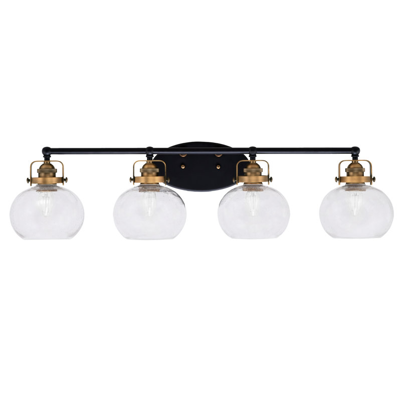 Barre d'éclairage de salle de bain 4 lumières avec verre à bulles 7 "Easton, Noir mat / laiton