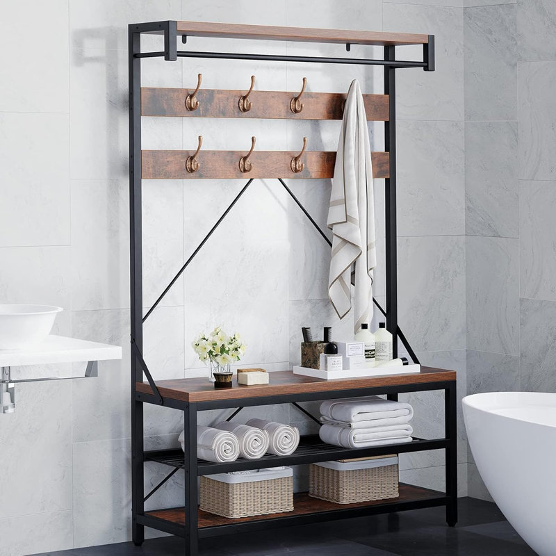 Industrial Hall Tree with Shoe Bench & Coat Rack - 8 Hooks, Storage Shelf & Hanging Bar for Entryway, Rustic Brown Wood Look Accent Furniture