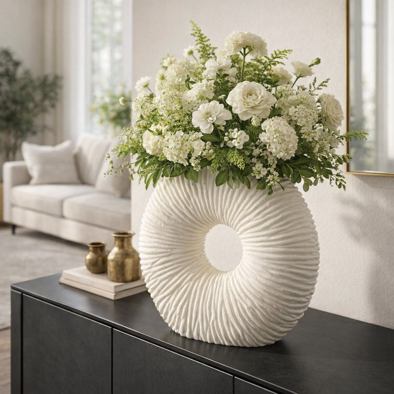 Élégant vase circulaire en résine pour la décoration de table de salon - Grand vase décoratif en forme de beignet pour décoration de bureau ou de maison - 15 po, blanc
