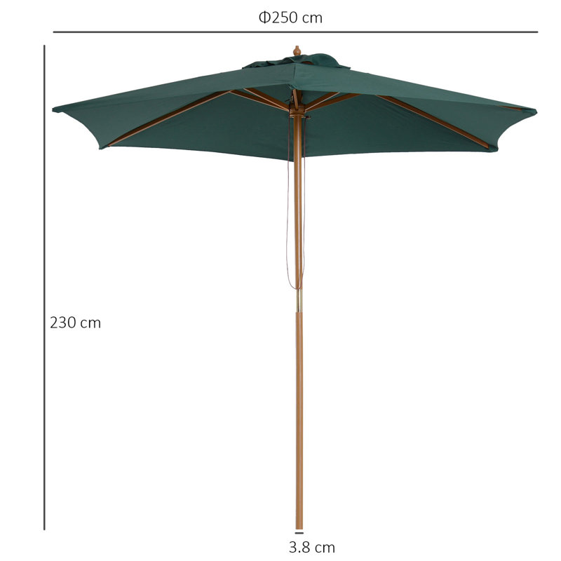 Kinser 2.5m Wood Garden Parasol Sun Shade with Vent 38mm Pole, Green