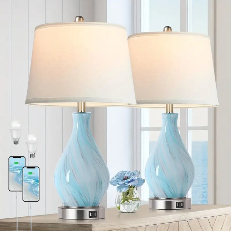 Modern Accent Table Lamp Set Of 2 Touch Control, 22" Faded Swirl Blue Gray Art Glass Bedside Lamp With USB Ports, 3-Way Dimmable Hand Crafted Nightstand Lamps White Drum Shade For Living Room Bedroom, Suitable For Christmas And Halloween