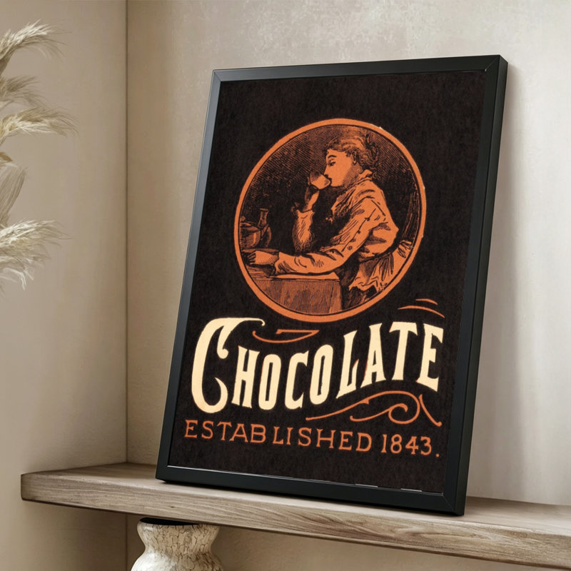 Publicité rétro moderne et rétro au chocolat: Femme sirotant une tasse, style Art déco. Art mural 24 "x 36" avec cadre en bois noir