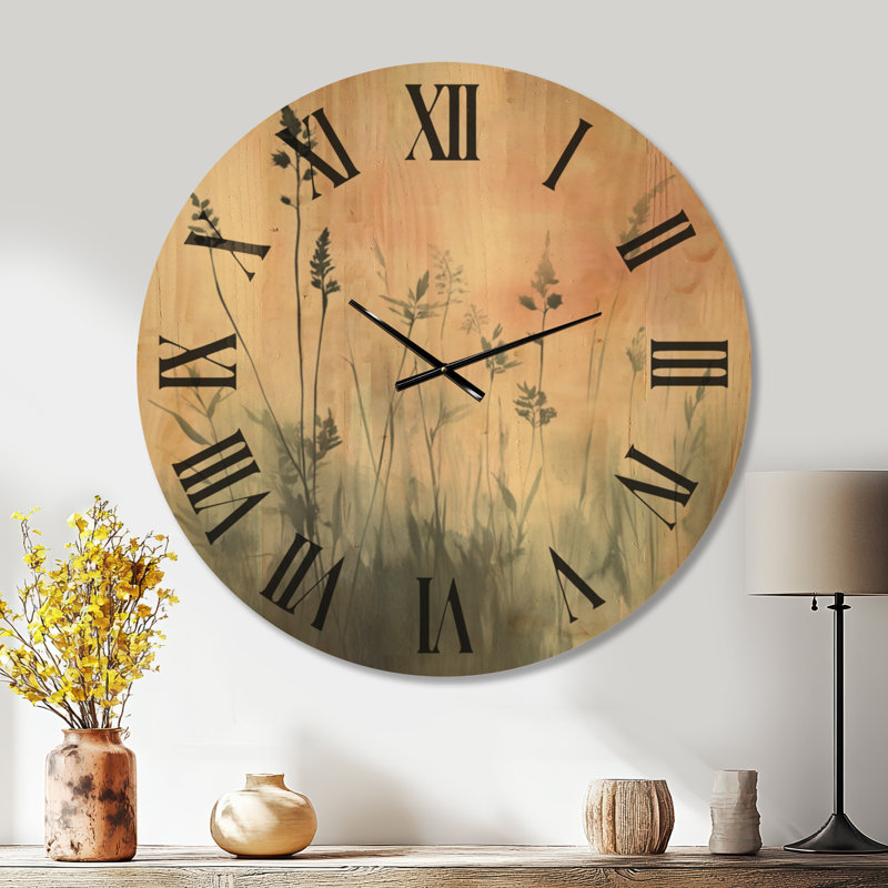 Horloge murale ronde grand format de style bohème, imprimée sur bois, motif prairie brumeuse, Extra Large