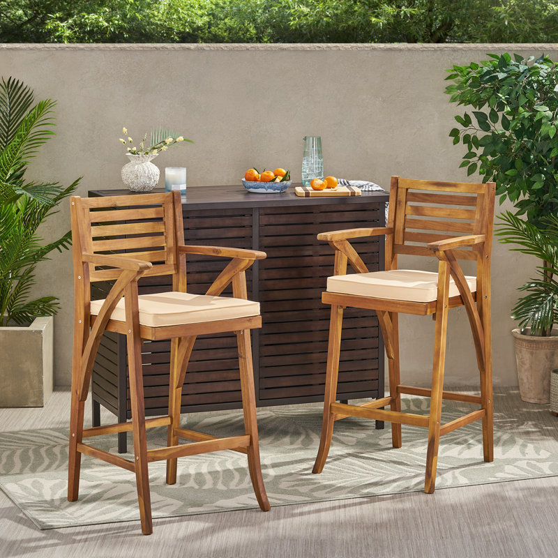 Teak Finish Acacia Wood Outdoor Barstools with Cushions, Set of 2