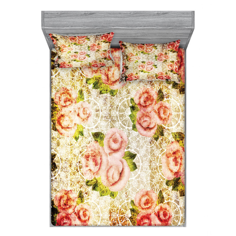 Microfiber Floral Sheet Set, Full Sheet Set + Fitted Sheet + 2 Pillowcases, Rose Floral