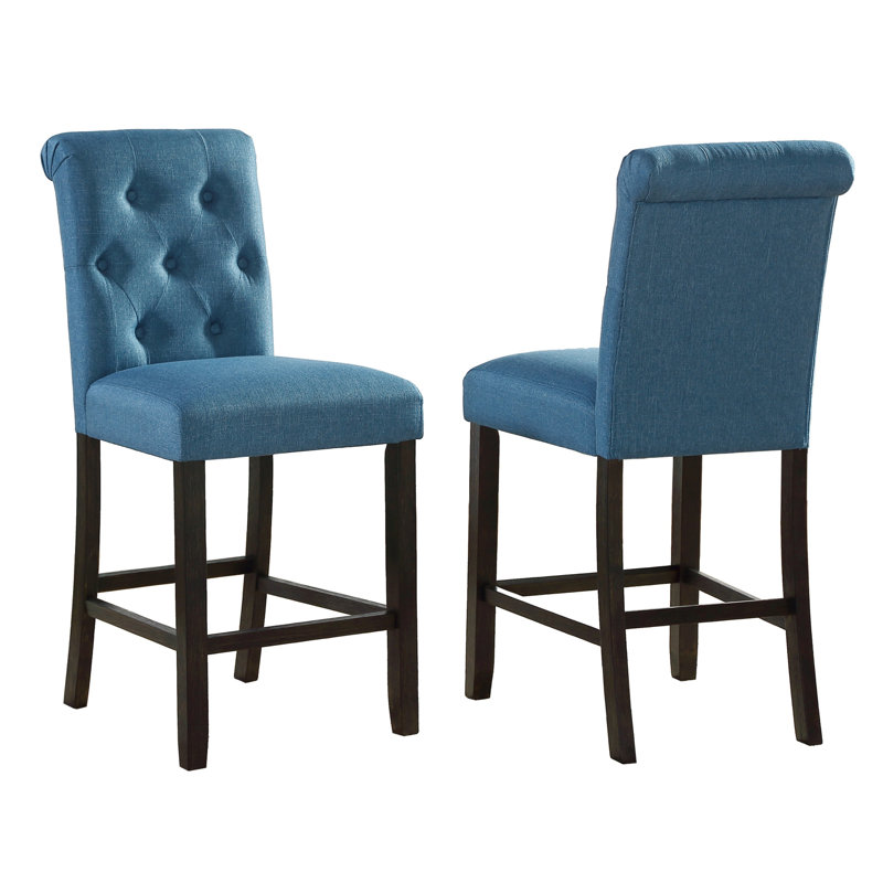 Tabouret à hauteur de comptoir en bois massif touffeté Leviton, ensemble de 2, bleu, Brun, Bleu