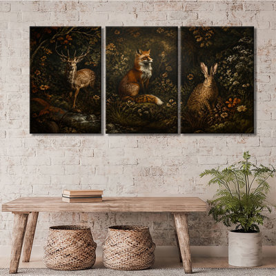 Ensemble de 3 impressions sur toile d'animaux sombres Moody Woodland, peinture à l'huile de style antique