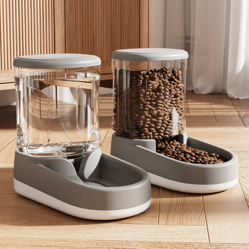 Distributeur automatique d'eau et de nourriture à gravité (2 pièces), double station de 4 L pour chats et chiens de petite et moyenne taille, sans électricité, gris
