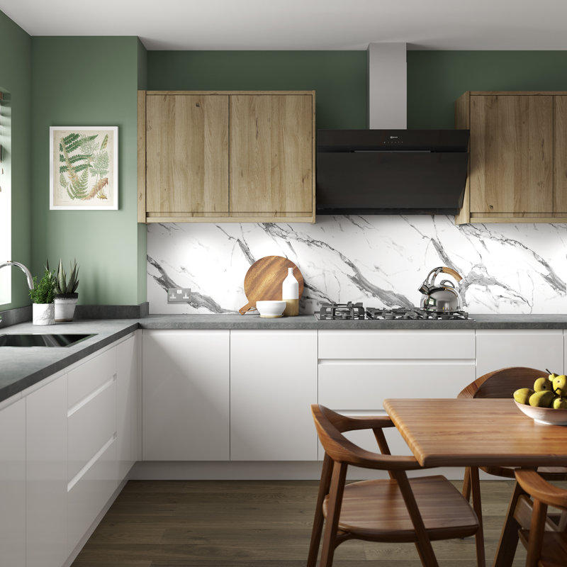 White Marble Aluminium  Kitchen Splashback, 305 cm x 75 cm, White/Grey