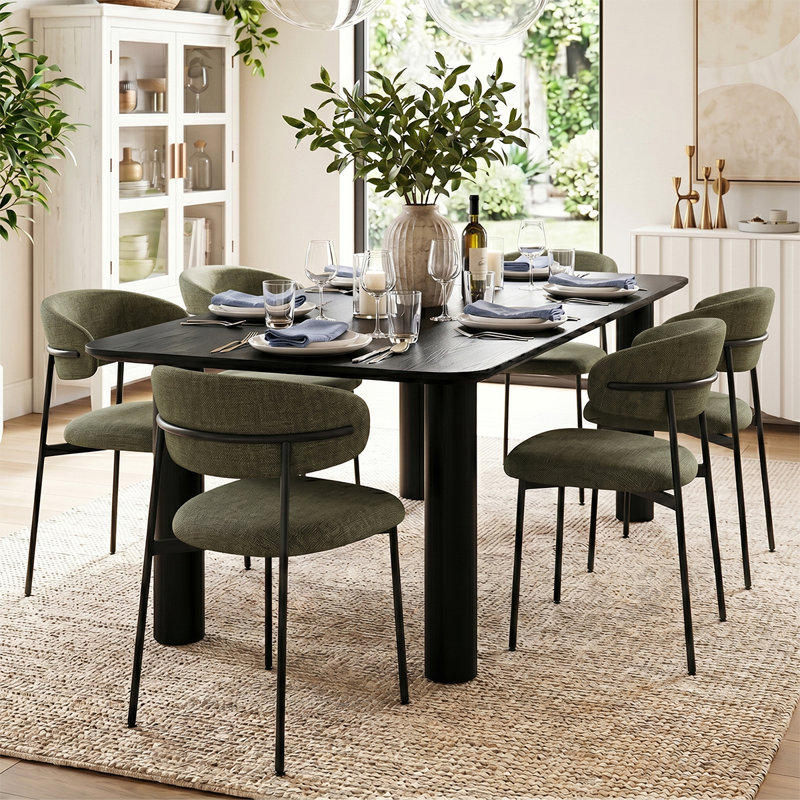 Modern 7-Piece Dining Set With Rectangular Wood Table And Upholstered Curved Back Chairs, Green