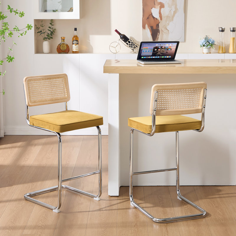 Tabouret de bar 26 po Marlow, Velours jaune / structure chromée, 2, Hauteur du siège de 26 po