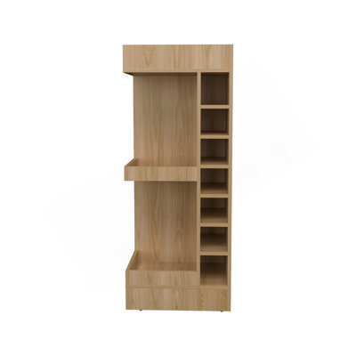Lyman 46" Tall 3-Tier Corner Bar Cabinet With Fourteen Wine Bottle Cubbies, Living Room, Liquor Cabinet, Storage Cabinet Light Oak