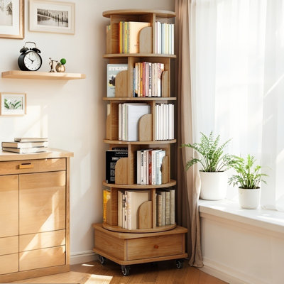 Bibliothèque à 6 niveaux avec roulettes et tiroir, bois