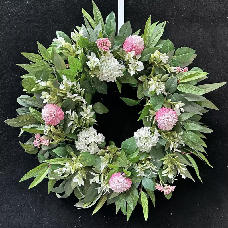 Couronnes de printemps et de Summe pour porte d'entrée à l'extérieur de 24 pouces avec pivoines, dahlia, hortensias, faux citrons, baies et verdure, couronne de porte colorée pour décoration extérieure